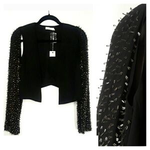 LUSH Black Jacket Clear Beaded With  Sleeve Cut Out Open Semi Sheer Jacket NWT
